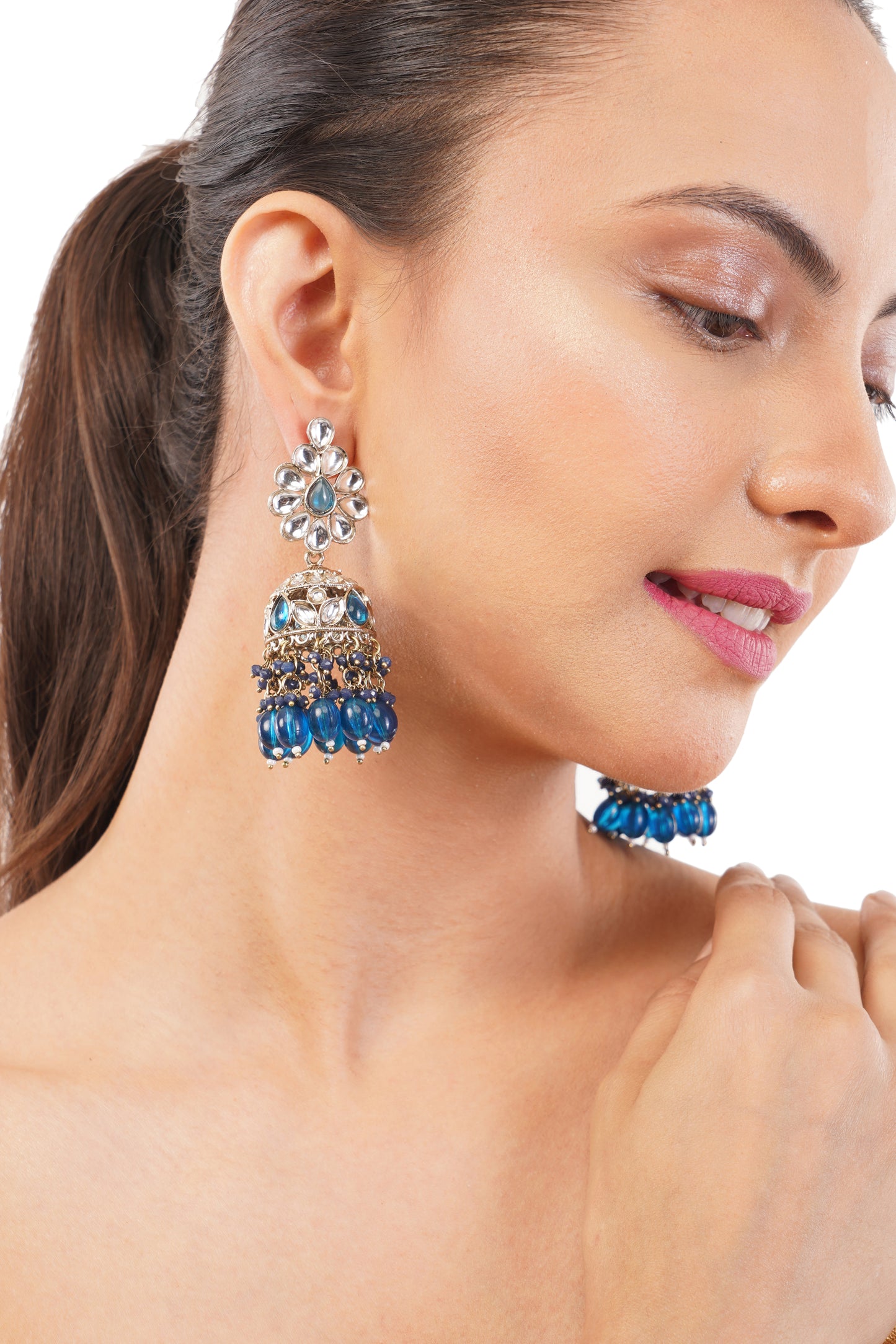 Turquoise Blue Kundan Jhumka Earrings For Women