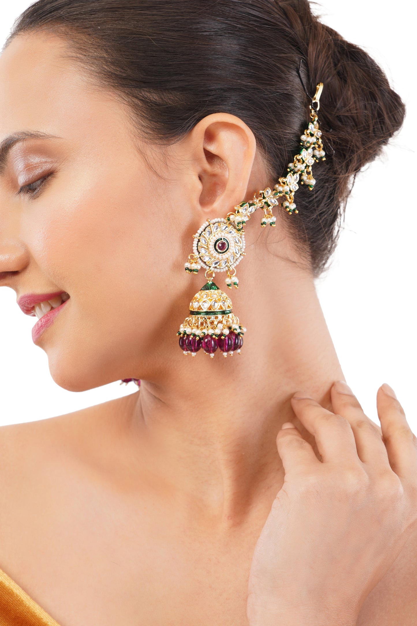 Gold Plated Puple Jhumka Earring With Ear Chain