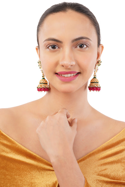 Pink Kundan Ear Chain Jhumka Earrings