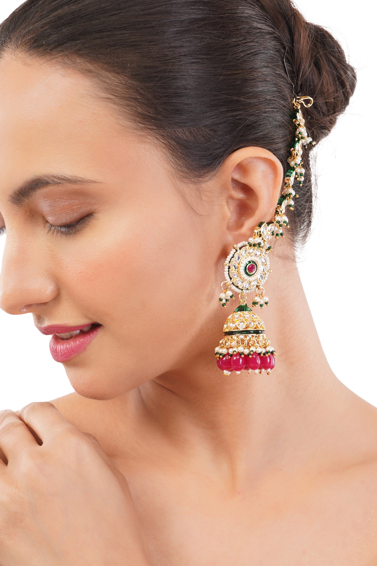 Pink Kundan Ear Chain Jhumka Earrings