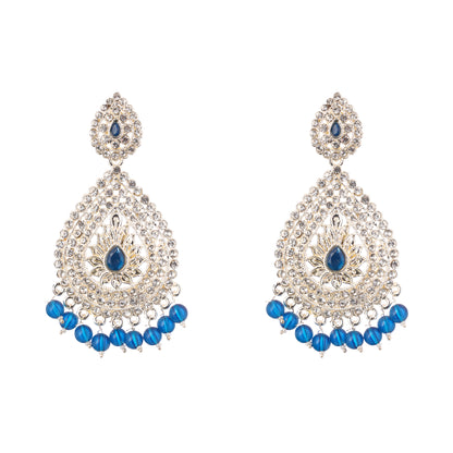 Gold Plated Blue Pearl Diamond Long Earrings For Women
