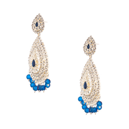 Gold Plated Blue Pearl Diamond Long Earrings For Women