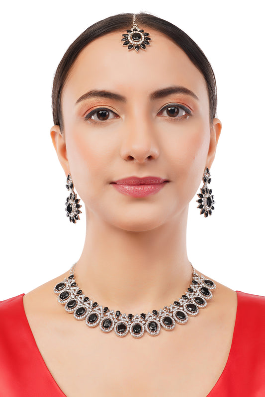 Silver Plated Black Stone Diamond Necklace With Earring Set For Women