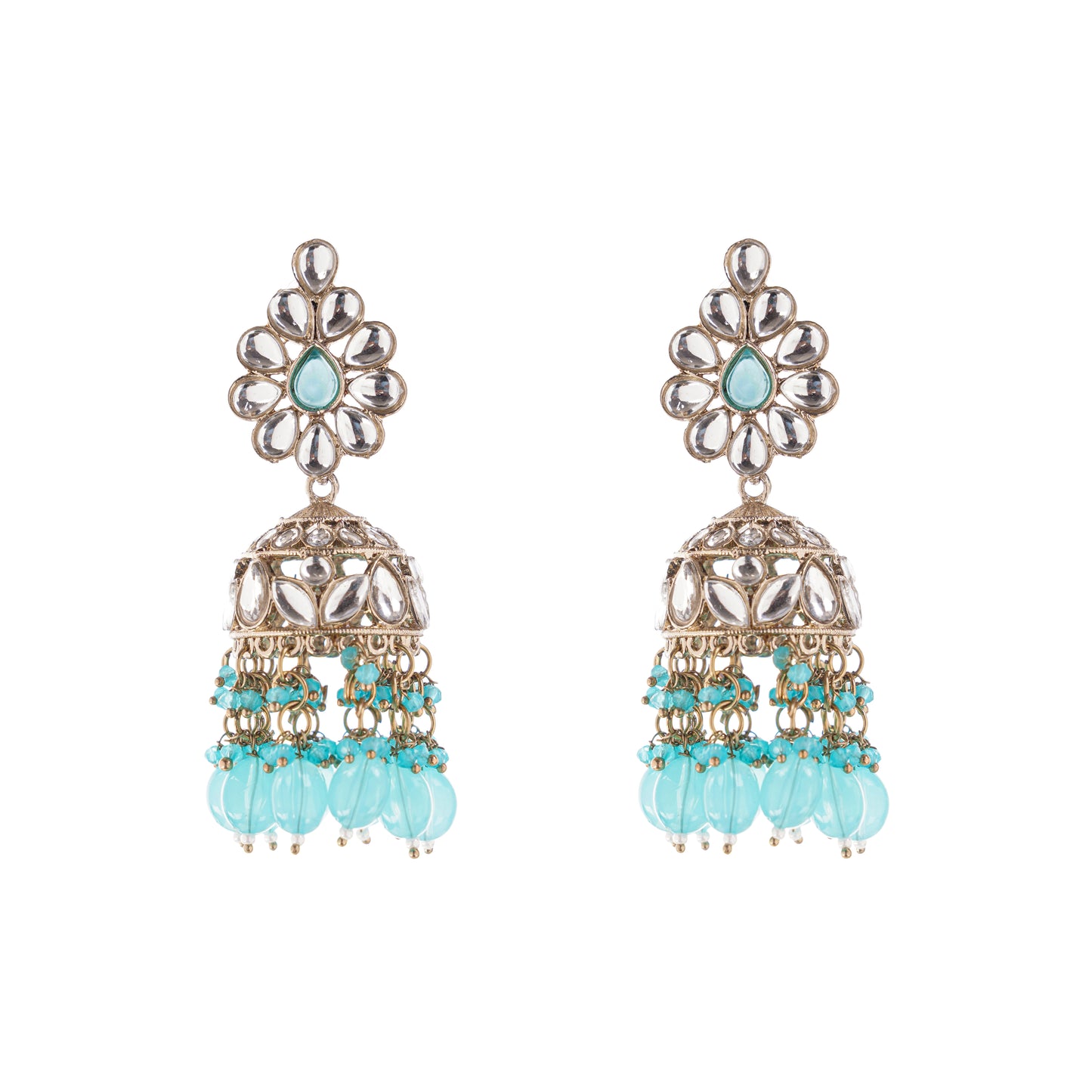 Blue Stones Cluster Beads Drop Jhumka Earrings