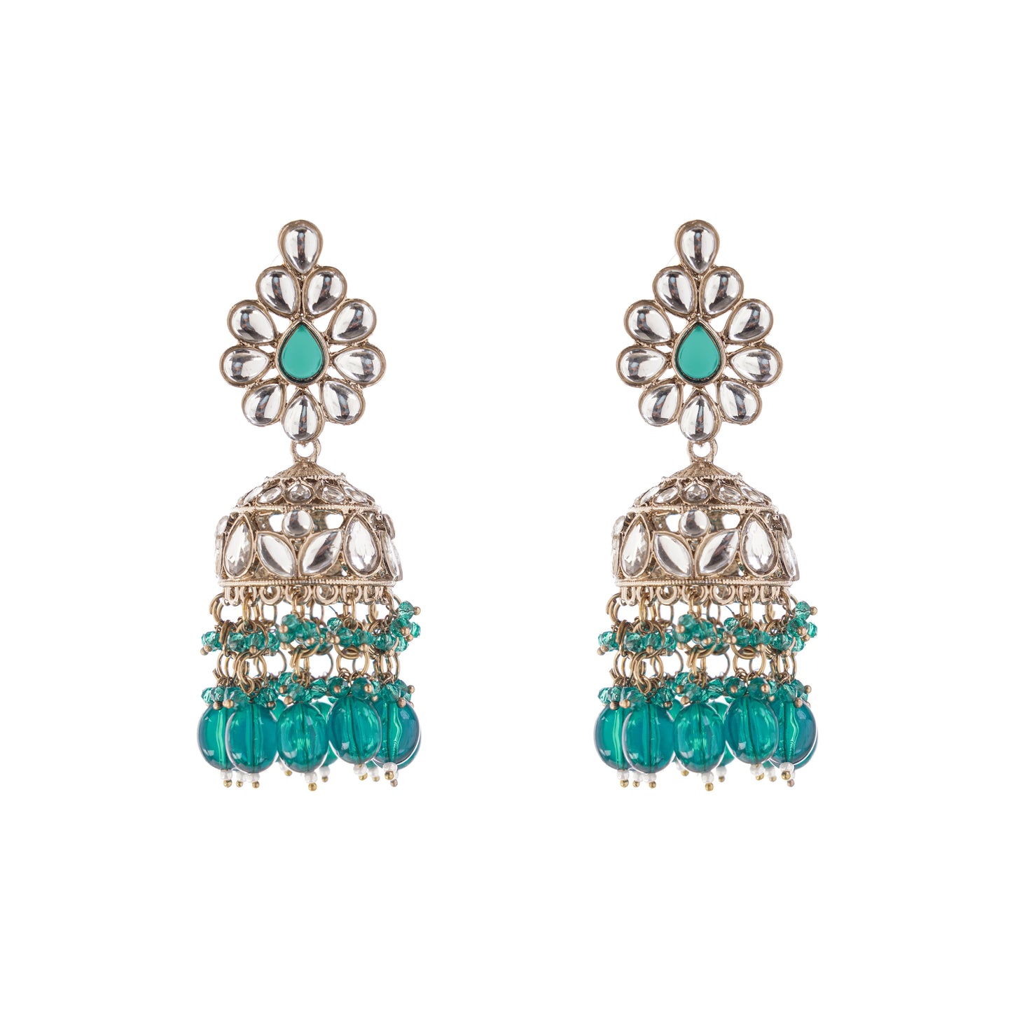 Statement Aqua Green Kundan Jhumka Earrings