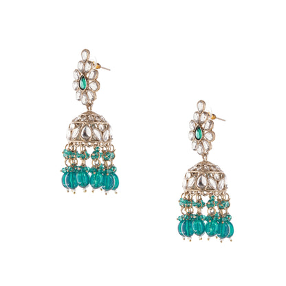 Statement Aqua Green Kundan Jhumka Earrings