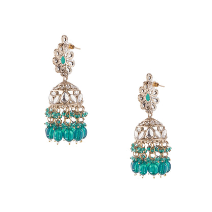 Statement Aqua Green Kundan Jhumka Earrings