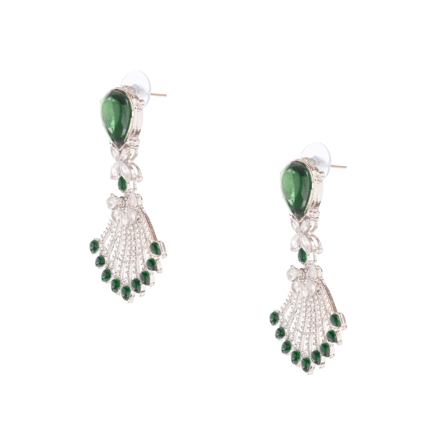 Silver Green Diamond Drop Earrings