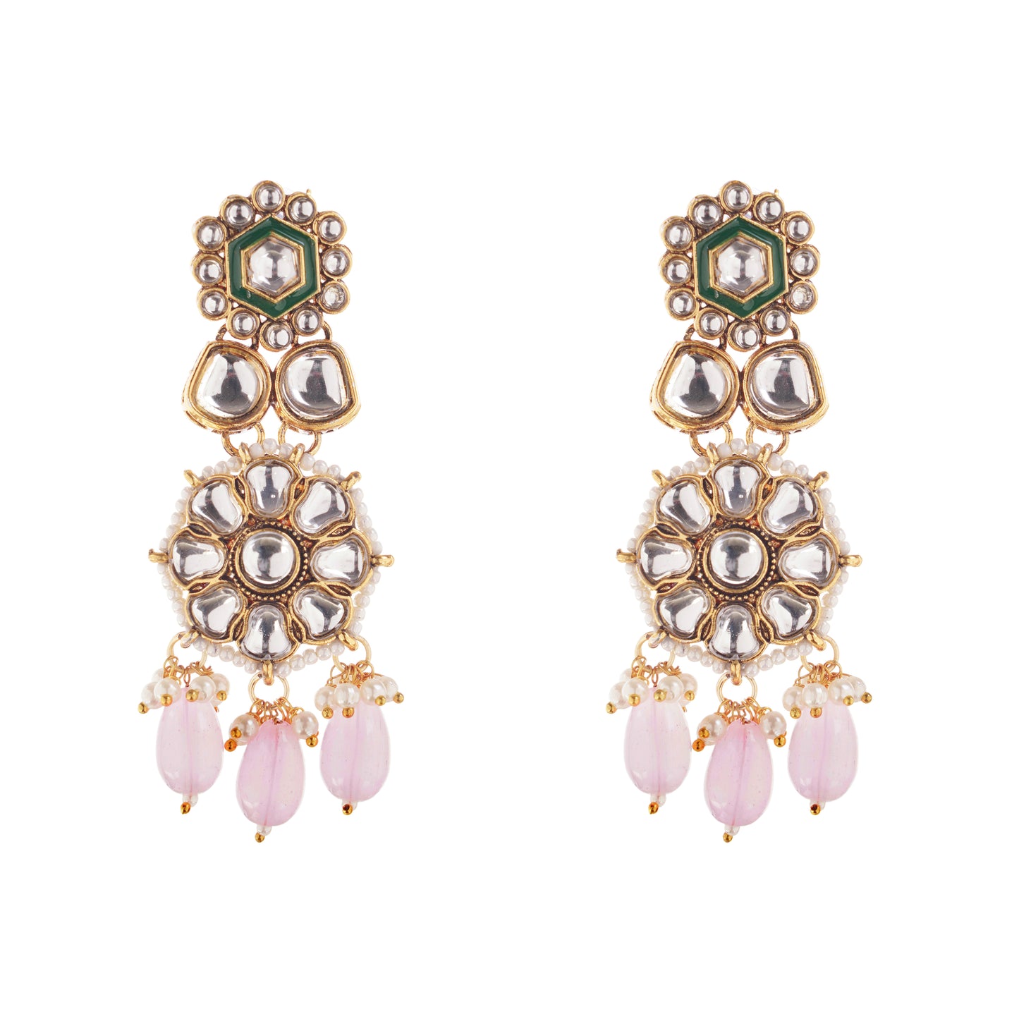 Light Pink Gold Plated Kundan Drop Earring