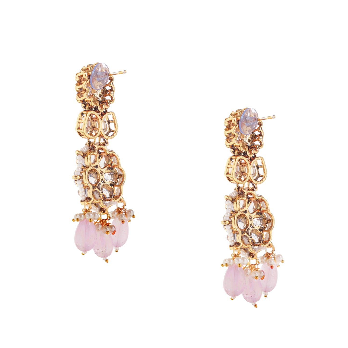 Light Pink Gold Plated Kundan Drop Earring