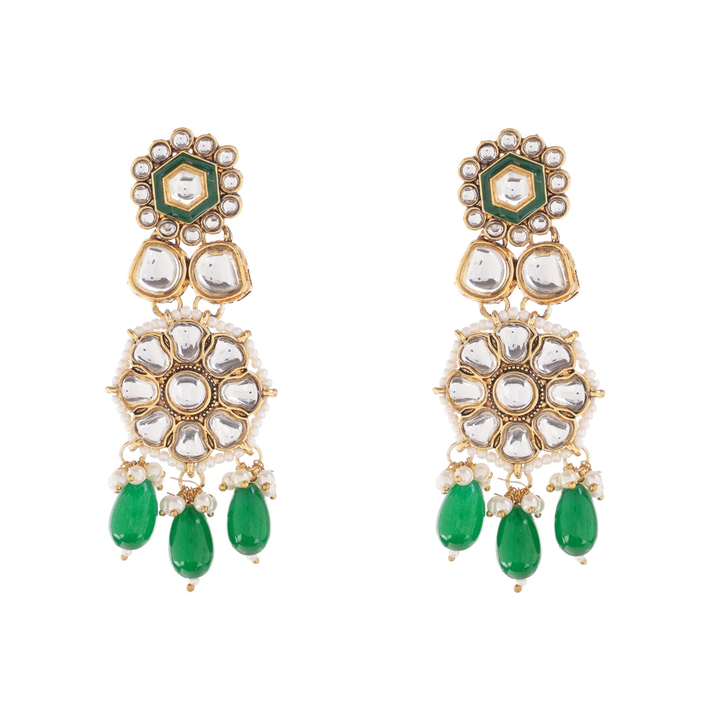 Green Kundan Pearl Drop Earrings For Women