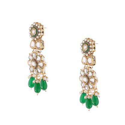 Green Kundan Pearl Drop Earrings For Women