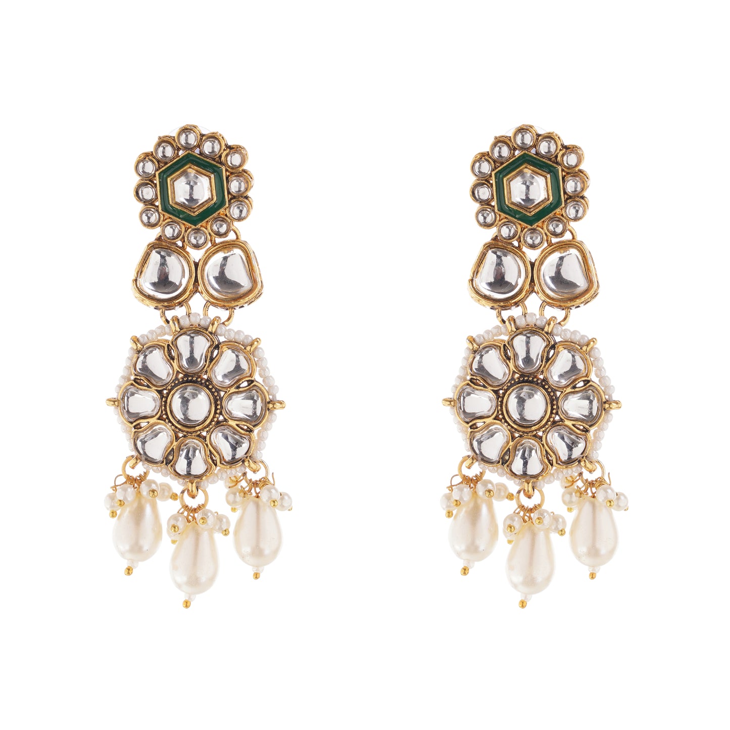 Traditional White And Green Kundan Pearl Earrings