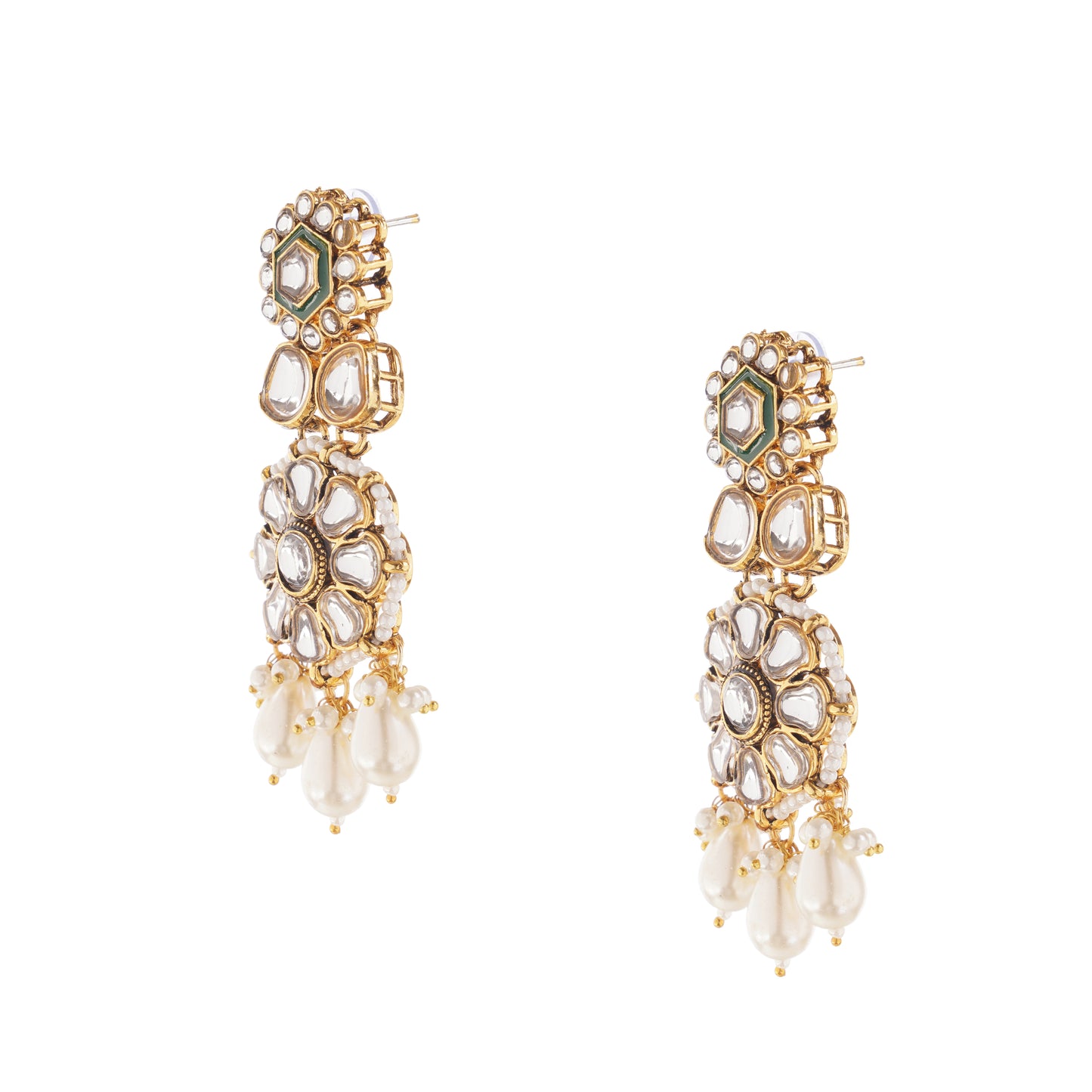 Traditional White And Green Kundan Pearl Earrings