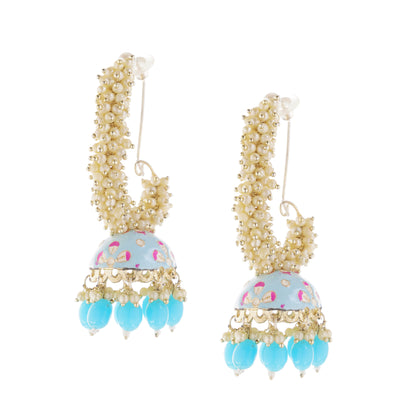 Turquoise Blue Pearl Jhumka Earrings For Women