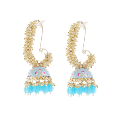 Turquoise Blue Pearl Jhumka Earrings For Women