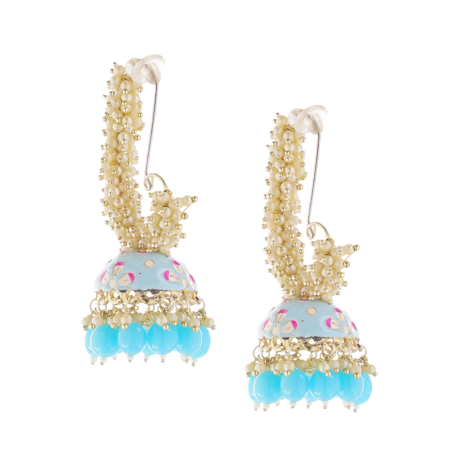 Turquoise Blue Pearl Jhumka Earrings For Women