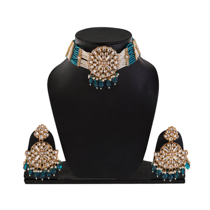 Gold pleated Turquoise Blue Kundan Jewellery Set