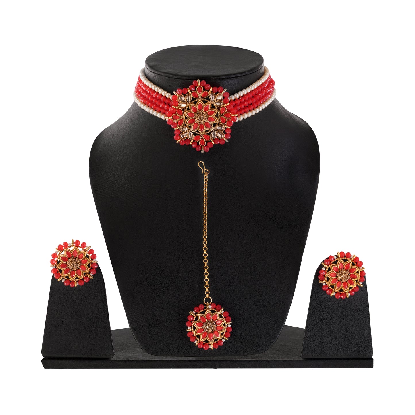 Gold Pleated Red Stone Necklace Set With Earrings