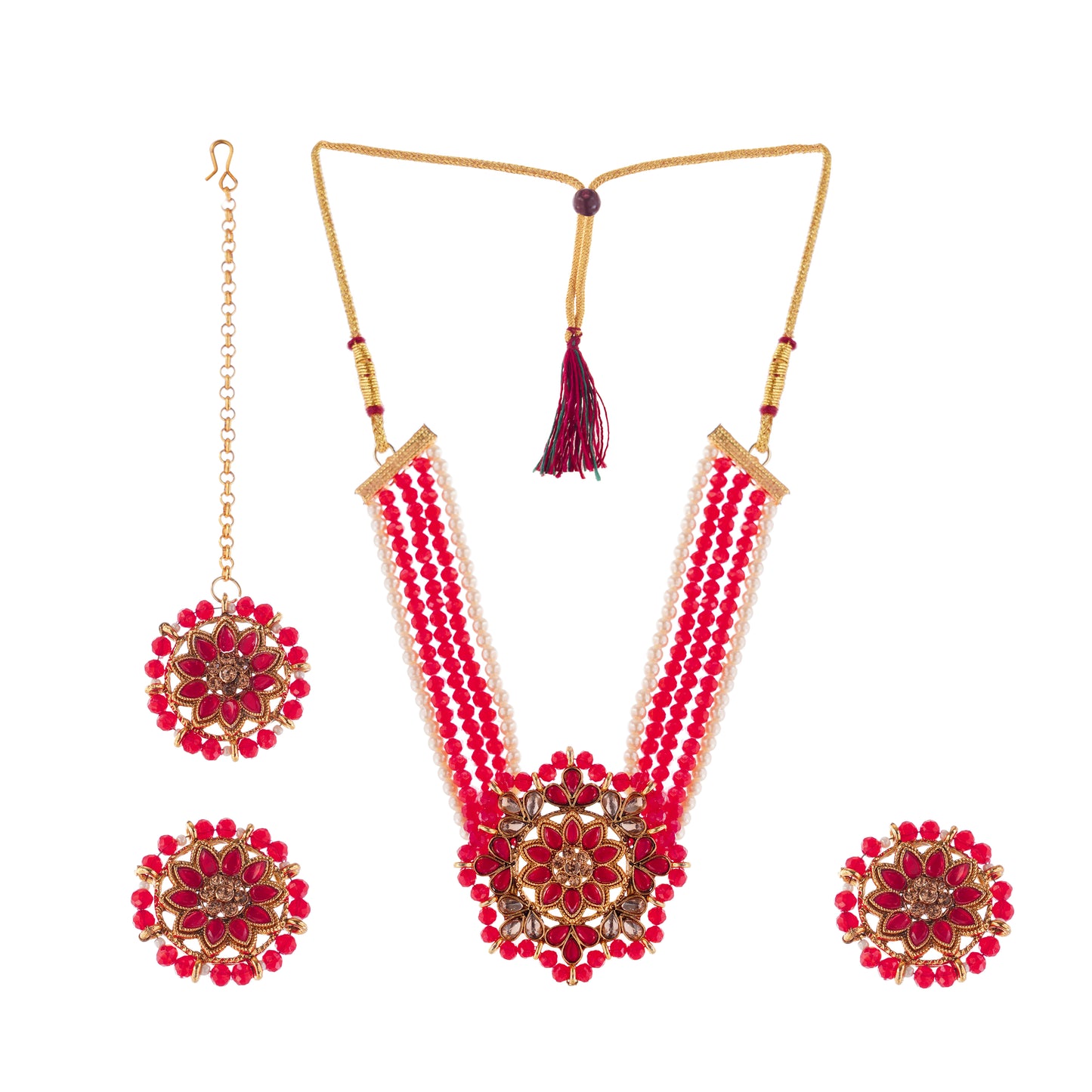 Gold Pleated Red Stone Necklace Set With Earrings