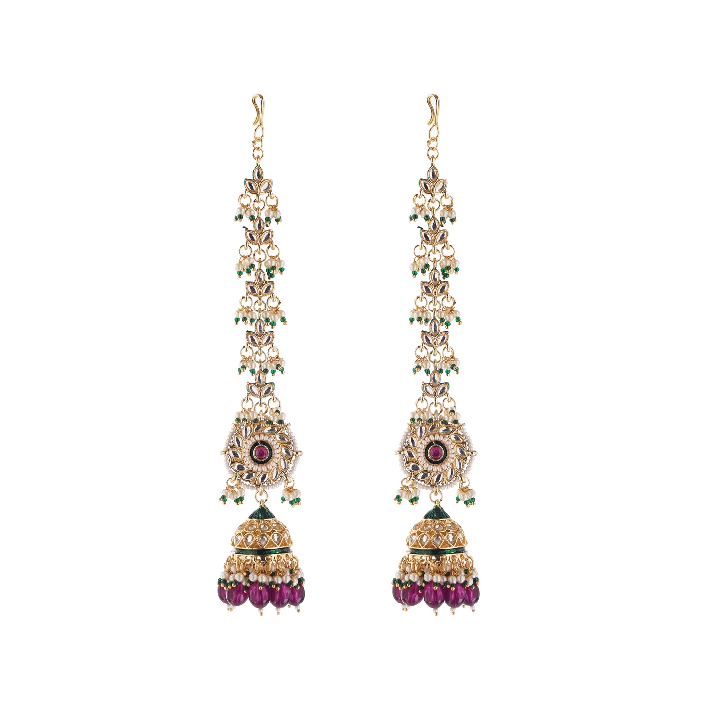 Gold Plated Puple Jhumka Earring With Ear Chain