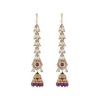 Gold Plated Puple Jhumka Earring With Ear Chain