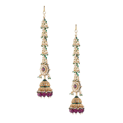 Gold Plated Puple Jhumka Earring With Ear Chain