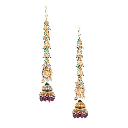 Gold Plated Puple Jhumka Earring With Ear Chain