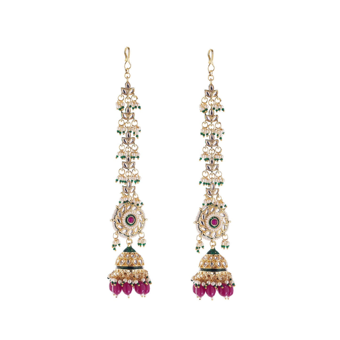 Pink Kundan Ear Chain Jhumka Earrings