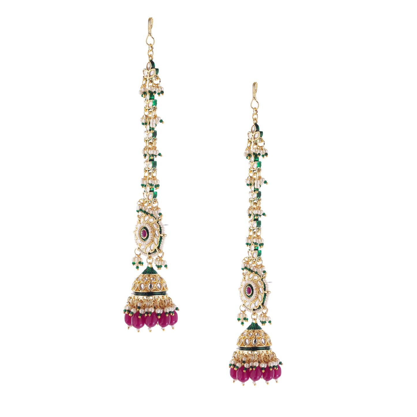 Pink Kundan Ear Chain Jhumka Earrings