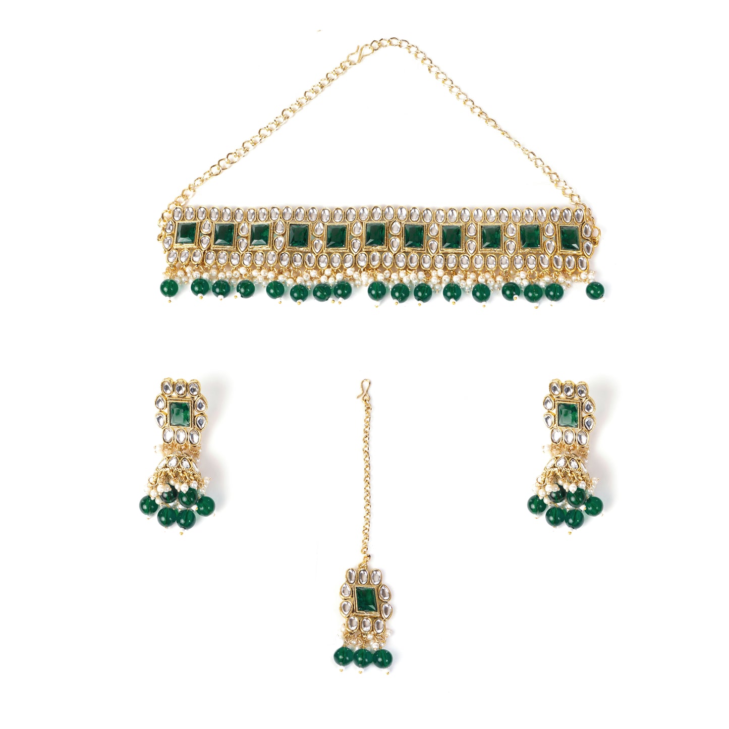 Gold Plated Emrald Green Kundan Jewellery Set