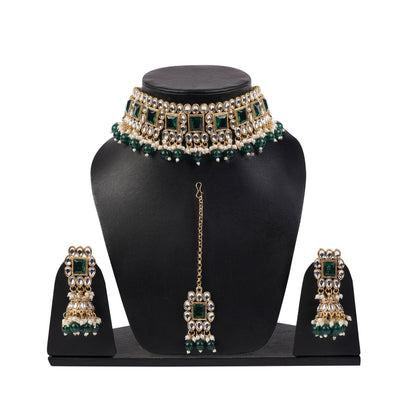 Gold Plated Emrald Green Kundan Jewellery Set