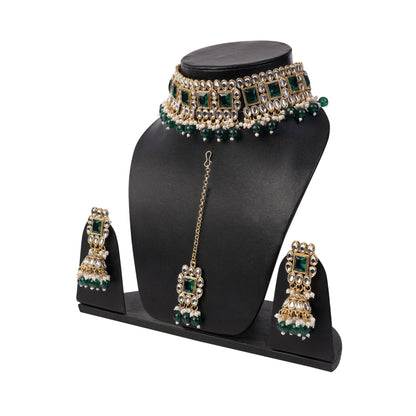 Gold Plated Emrald Green Kundan Jewellery Set