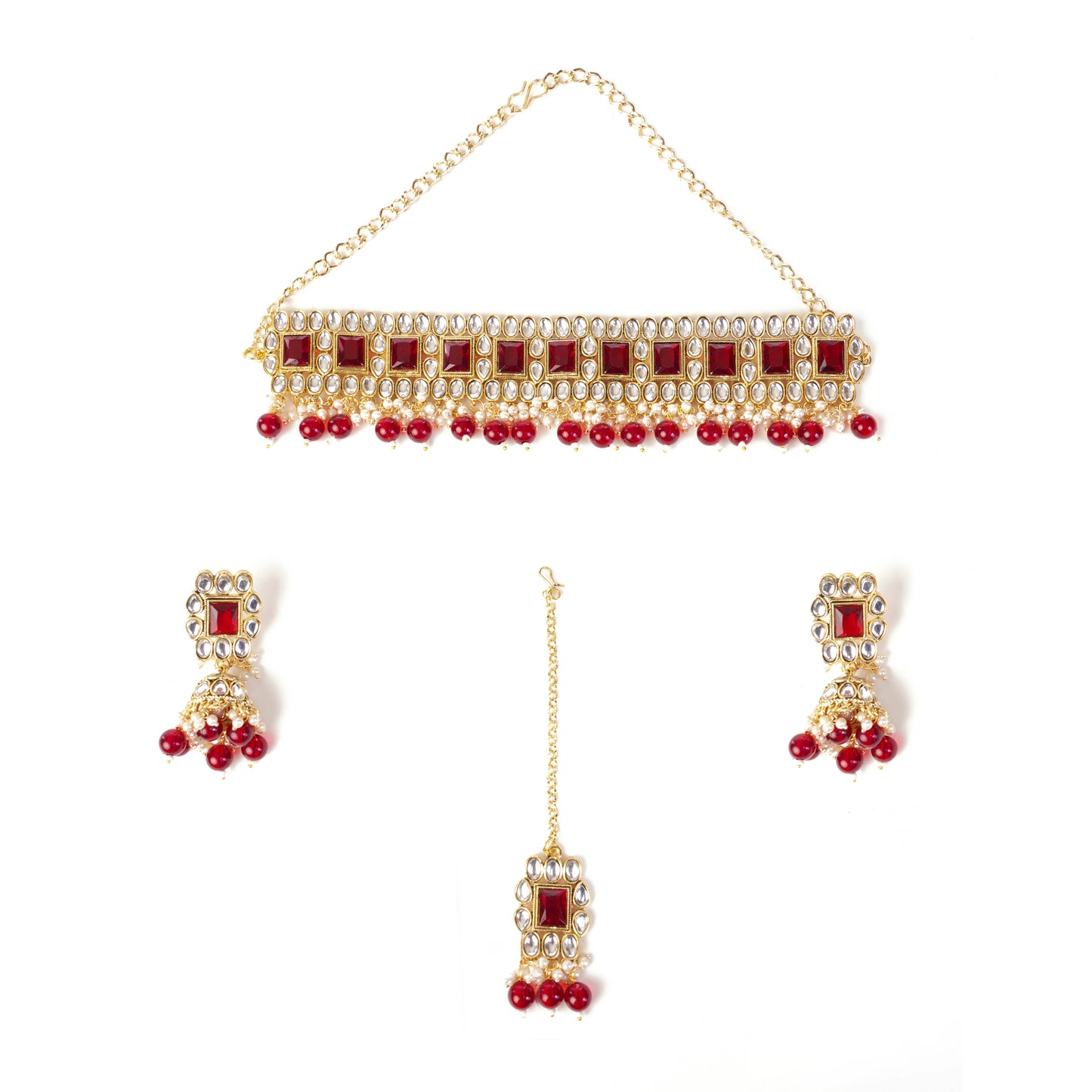 Gold Pleated Red Stone Kundan Jewellery Set