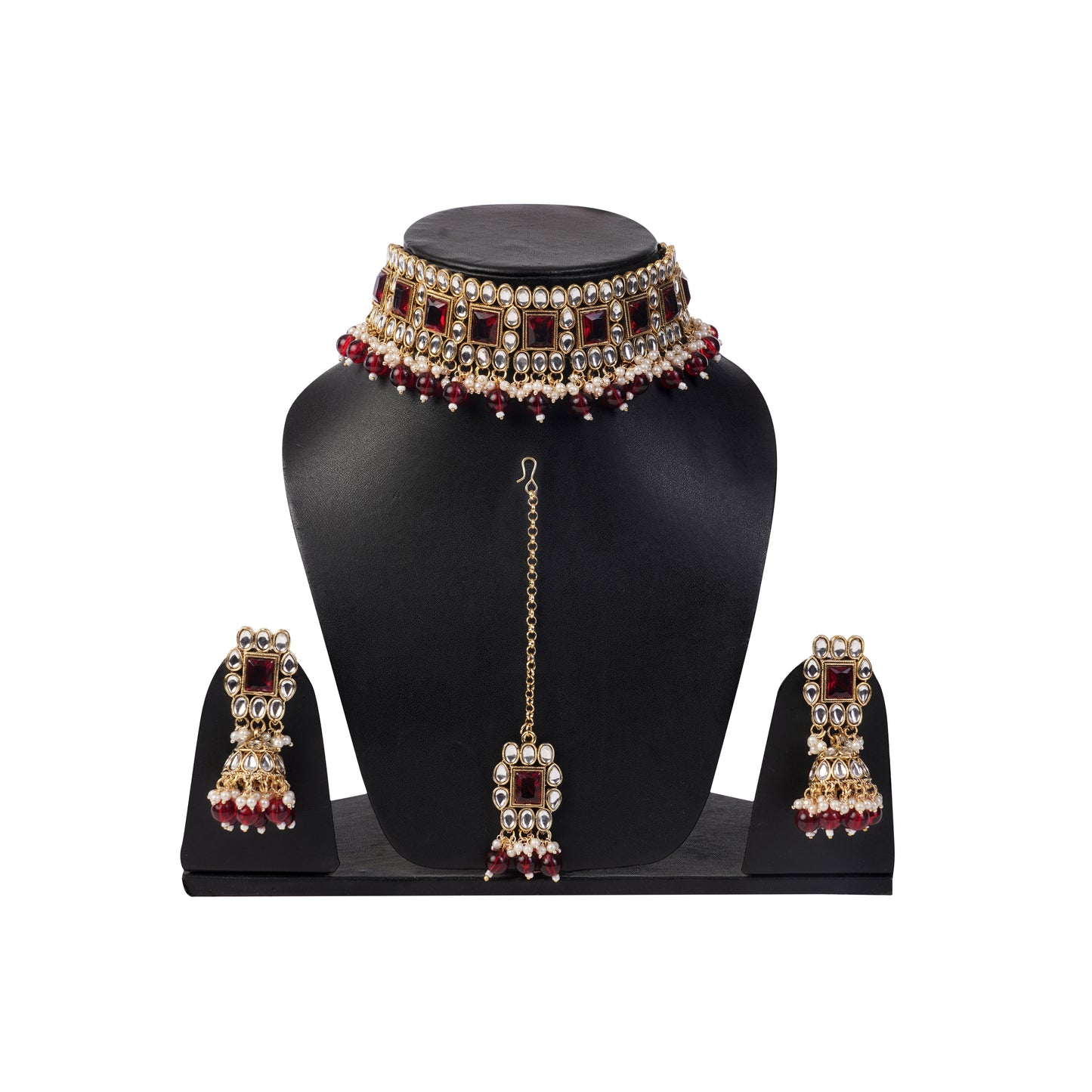 Gold Pleated Red Stone Kundan Jewellery Set