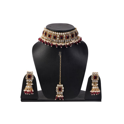 Gold Pleated Red Stone Kundan Jewellery Set