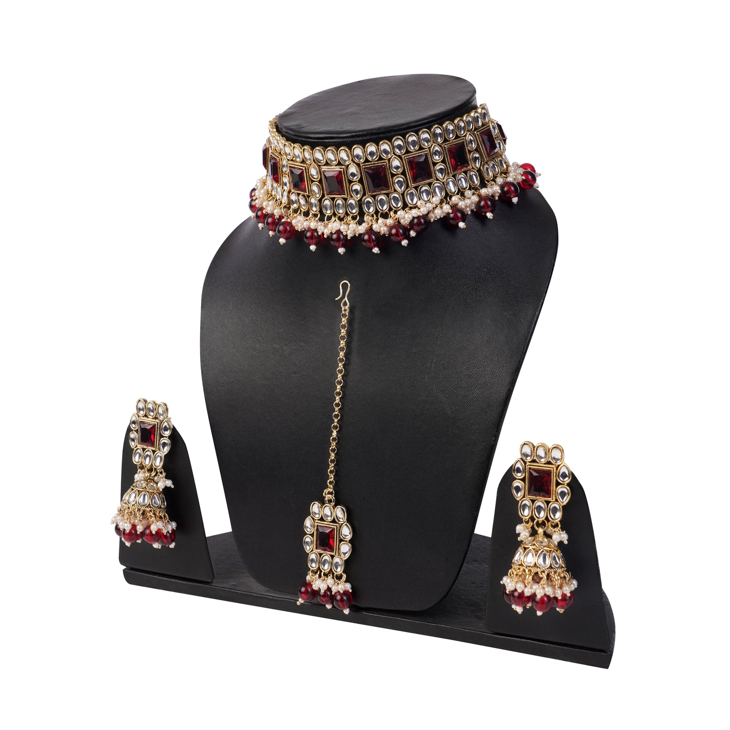 Gold Pleated Red Stone Kundan Jewellery Set