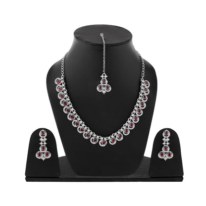 Silver Plated Red Stone Diamond Necklace With Earring And Mangtika Set