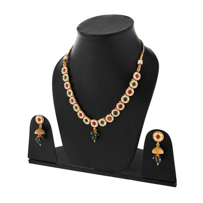 Traditional Gold Plated Red And Green Stone Necklace With Jhumki earrings