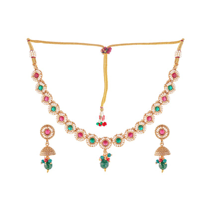Traditional Gold Plated Red And Green Stone Necklace With Jhumki earrings