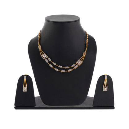 Gold Plated Cubic Zirconia Layerd Necklace With Drop Earrings