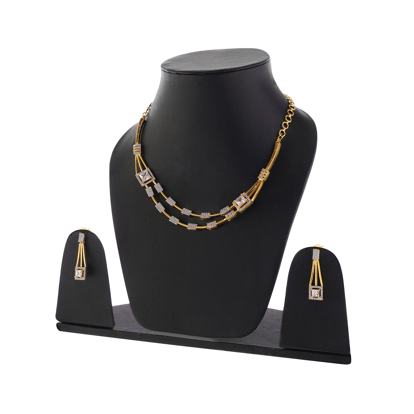 Gold Plated Cubic Zirconia Layerd Necklace With Drop Earrings