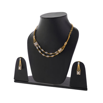 Gold Plated Cubic Zirconia Layerd Necklace With Drop Earrings