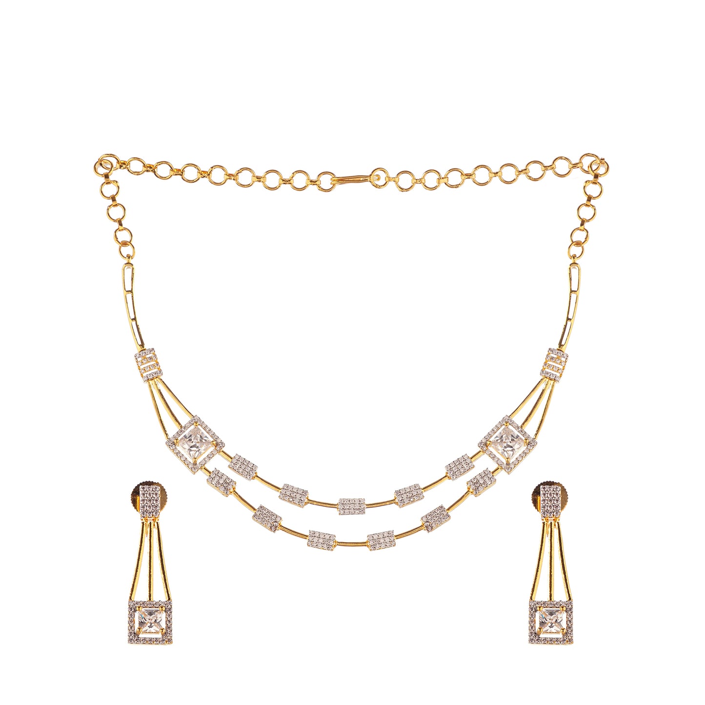 Gold Plated Cubic Zirconia Layerd Necklace With Drop Earrings