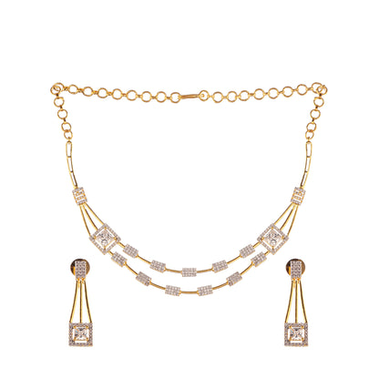 Gold Plated Cubic Zirconia Layerd Necklace With Drop Earrings