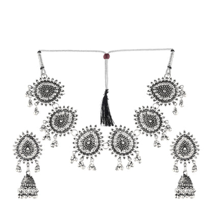 Oxidised Silver White Stone Choker Necklace With Earrings