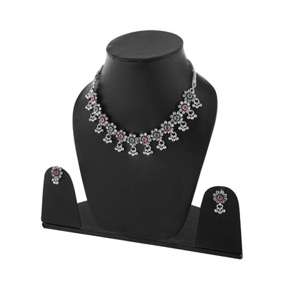 Silver Oxidised Red And Green Stone Choker Necklace With Earrings