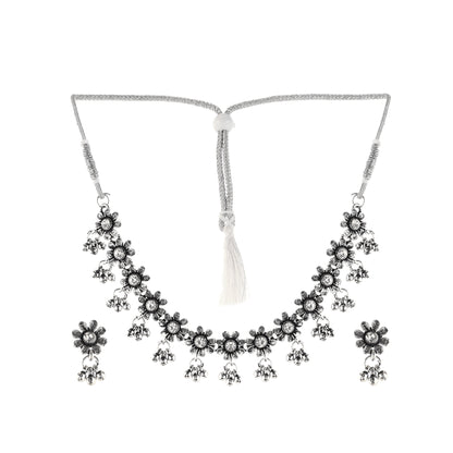 Silver Oxidised White Stone Choker Necklace With Earrings