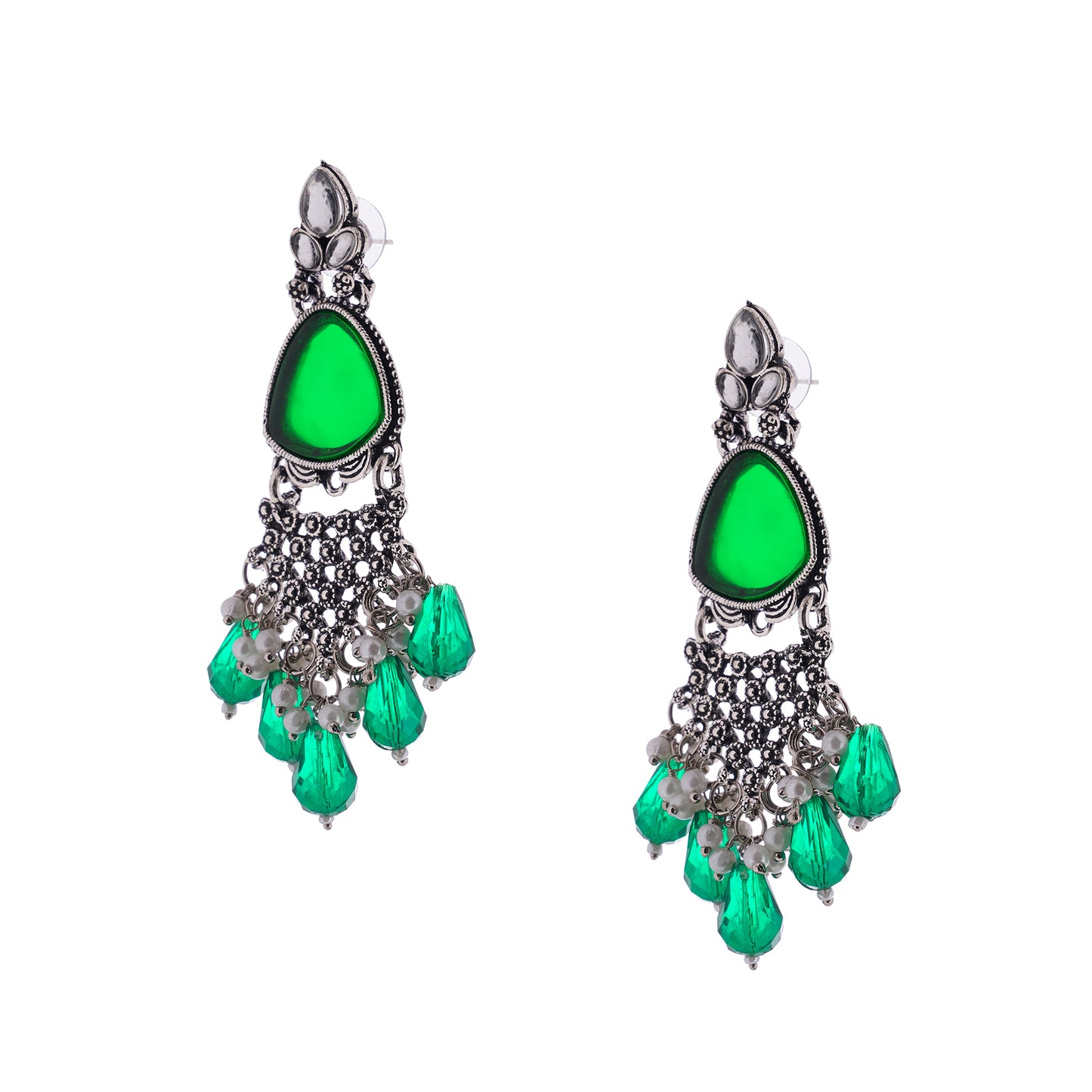 Clustertrend Silver Oxidised Crysal Green Pearl Earrings For Women