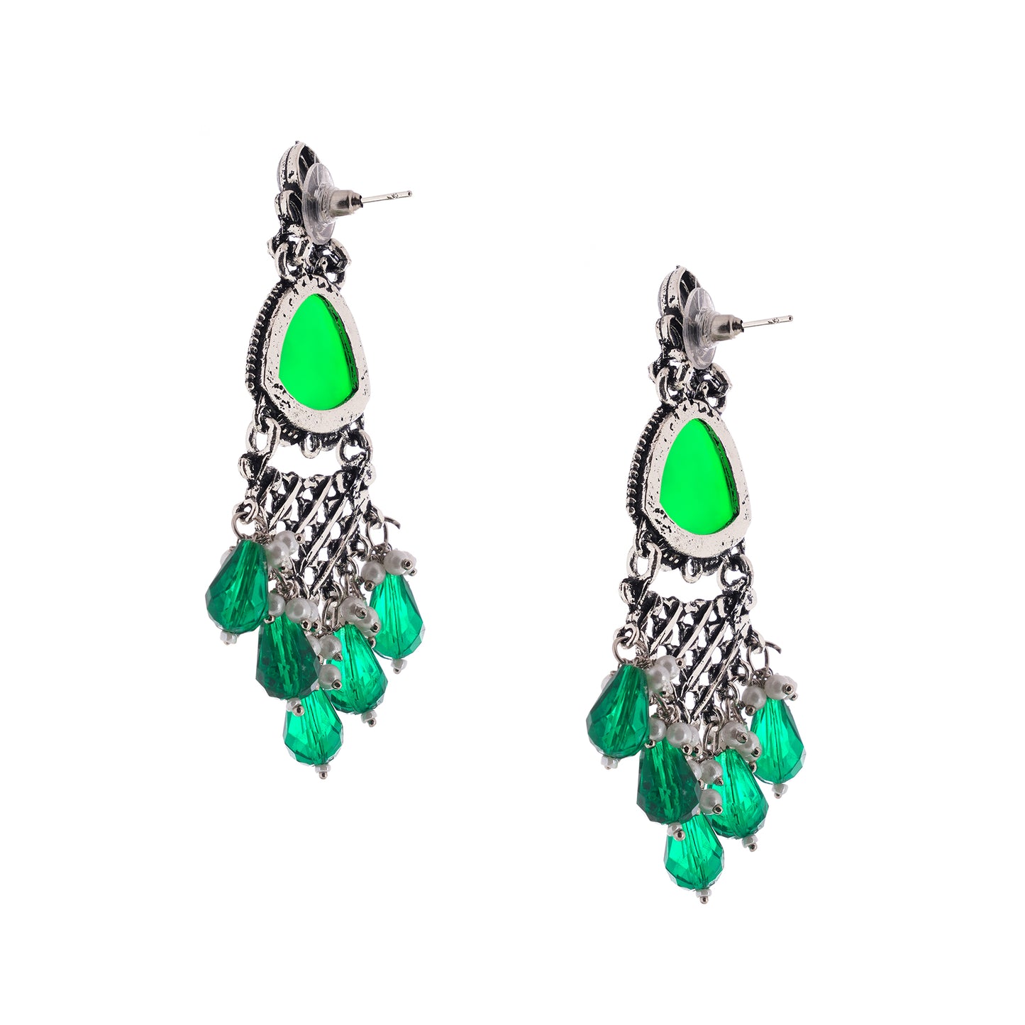 Clustertrend Silver Oxidised Crysal Green Pearl Earrings For Women